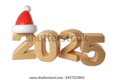 3d Happy New Year 2025 golden Numbers. Symbols cartoon render with red hat santa. Christmas decoration. Celebrate party Xmas Poster banner, cover card, brochure, flyer, layout design. 3D Illustration
