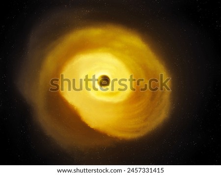 Accretion disc around a black hole. Singularity inside a hot gas cloud. A black hole attracts matter. Royalty-Free Stock Photo #2457331415