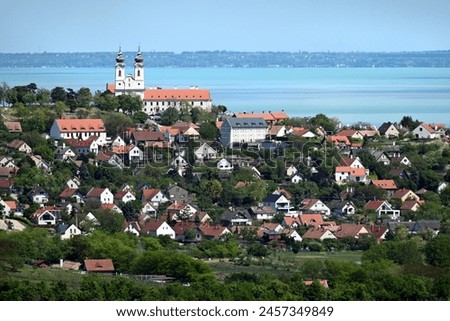 Village of Tihany and Saint Aignan abbey with lake Balaton in the background Royalty-Free Stock Photo #2457349849
