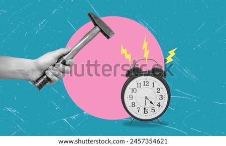 Art collage, hand with hammer wants to hit the ringing alarm clock. The concept of waking up and not withstanding the nerves.