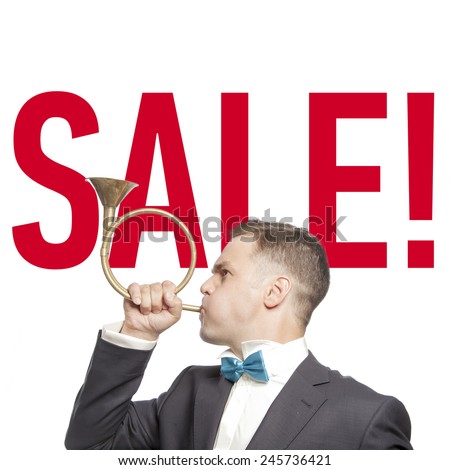 Funny man in blue bow tie blowing into the pipe with red title ' sale'