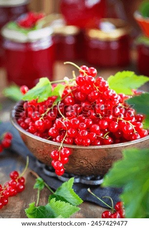 Fresh ripe Red currant or Red Ribes (Ribes rubrum) on wooden rustic background, close up Royalty-Free Stock Photo #2457429477