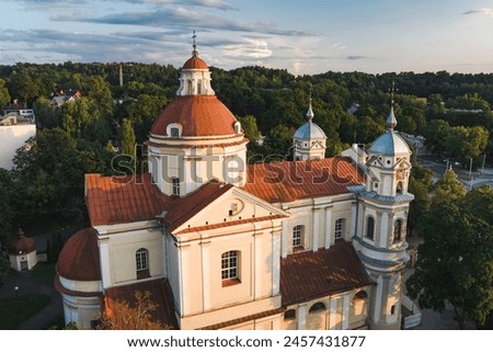 Aerial view of the Church of St. Peter and St. Paul, located in Antakalnis district in Vilnius. Beautiful summer day in the capital of Lithuania. Summer city scenery in Vilnius, Lithuania.