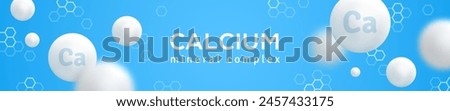Mineral Ca white molecule isolated. Calcium icon, pill capcule. Vitamin complex health formula. Meds heathcare banner. Vector illustration. Medical food supplement concept border or frame design Royalty-Free Stock Photo #2457433175