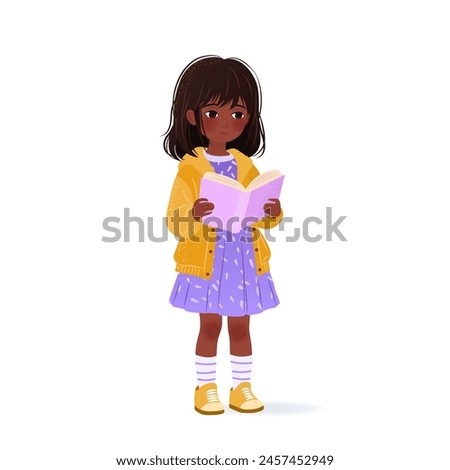 Cute little girl is holding book in her hands and reading it. isolated vector illustration on white background. Cartoon kid for educational designs, book club, world book day. Clip-art.
