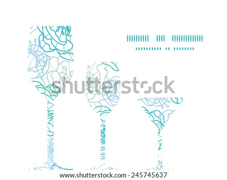 Vector blue line art flowers three wine glasses silhouettes pattern frame