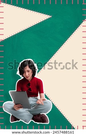 Young girl is sitting making a video call from her tablet and looks annoyed, ideal for social media banner. copy space