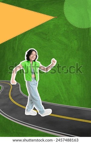 Creative photo, collage, young girl on colorful background, she is walking on a road in cartoon, banner for social networks.