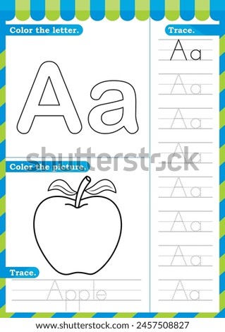 A-Z uppercase lowercase trace alphabet design for learning handwriting. A4 Printable Vector Illustration. worksheet with clip art for preschool kindergarten kids to improve basic writing skills, color