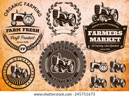 set of vector labels with a tractor for livestock and crop Royalty-Free Stock Photo #245751673
