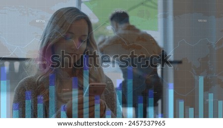 Image of graphs over caucasian woman using smartphone. economy, finance, communication and technology concept digitally generated image.