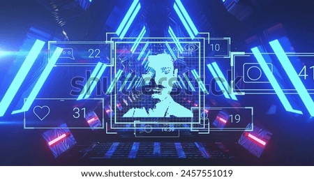 Image of social media reactions and user photo over tunnel made of neon lights. communication, social media and technology concept digitally generated image.