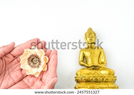 A Man holding and offering white lotus flower in the palm of his hands next to Golden statue of a Buddhist figure meditating isolated on white background. Concept for Vesak Day and Enlightenment Day