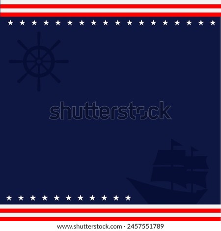 columbus day blank background square size with american flag theme colour and element of caravel ship and ship wheels