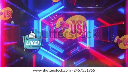 Image of social media reactions over tunnel made of moving neon lights. communication, social media and technology concept digitally generated image.