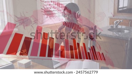 Image of statistics and data processing on grey background. Global business finance and connections concept digitally generated image.