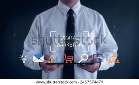 Hand shows the sign and icon of Digital marketing internet advertising and sales increase business technology concept,Financial and banking,  big data.