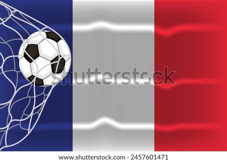 soccer or football in goal net isolated on france wavy flag.sports accessory,equipment for playing game.championship design element .Realistic 3d vector illustration 