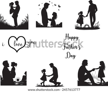 Father's day 2024 .Father  with daughter silhouette collection. Happy family, dad and cute little girl. Vector clip art illustration. Adobe Illustrator Artwork