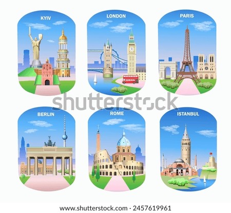 European cities. Set of tourist clip arts illustration