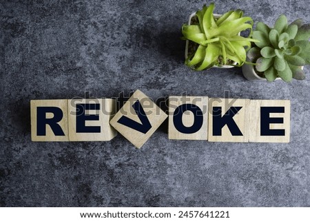 Concept of The wooden Cubes with the word Revoke on wooden background.