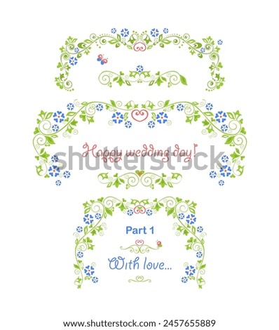 Beautiful floral vignette, headers, arch and titles set for wedding invitation or greeting card, flower shop design with blue periwinkle flowers, ivy style with branch, leaves and swirls. Part 1