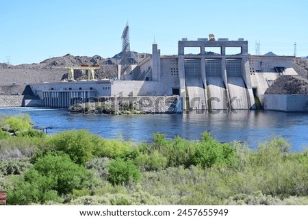 Davis Dam on the Colorado River forming Lake Mohave. Royalty-Free Stock Photo #2457655949