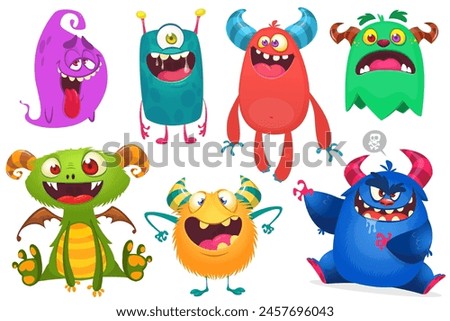 Funny cartoon monsters with different face expressions. Set of cartoon vector happy monsters characters. Halloween design for party decoration or package design
