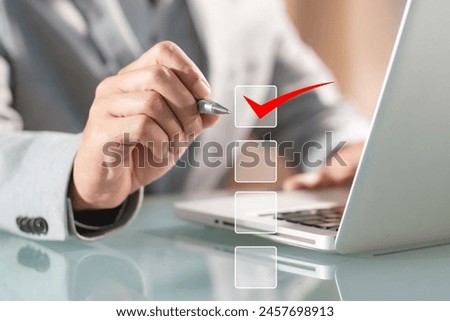 businessman checking business performance, approve business project proposals, businessman online survey filling out, digital form checklist