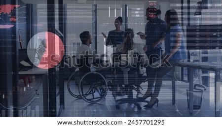 Image of financial data processing over diverse business people. Global business, computing and digital interface concept digitally generated image.