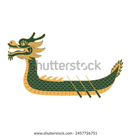 Dragon Boat Festival dragon boat with oars line art hand drawn illustration. Dragon Boat Festival, traditional holiday clip art, card, banner, poster element. Asian style design, isolated vector.