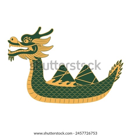 Dragon Boat Festival boat with zongzi dumplings line art hand drawn illustration. Dragon Boat Festival, traditional holiday clip art, card, banner, poster element. Asian style design, isolated vector.