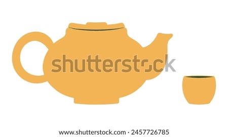 Teapot with teacup flat hand drawn illustration. Dragon Boat Festival, Mid Autumn Festival, traditional holiday clip art, card, banner, poster element. Asian style design, isolated vector.