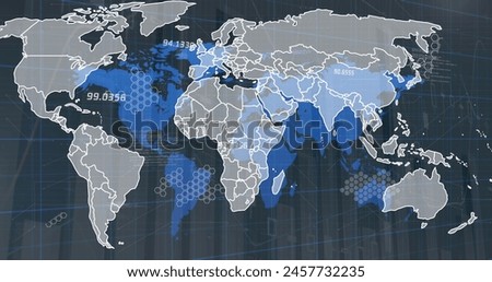 Image of network of connections over world map on black bacground. European economy finance politics and technology concept digitally generated image.