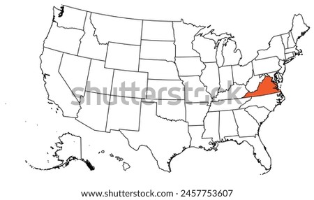 The outline of the US map with state borders. The US state of Virginia