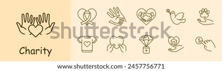 Charity set icon. Helping those in need, heart, palms, hands, ribbon, fighting cancer, bird, flower, animal protection, humanitarian aid, financial support. Helping concept.