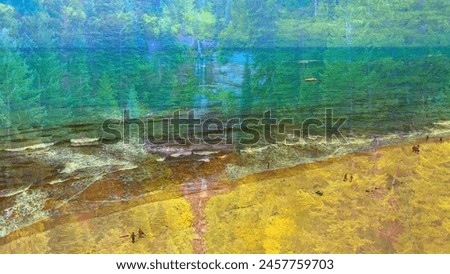 The painting depicts a serene beach scene with people walking along the shore, the water reflecting the sky, and a boat in the distance. Royalty-Free Stock Photo #2457759703