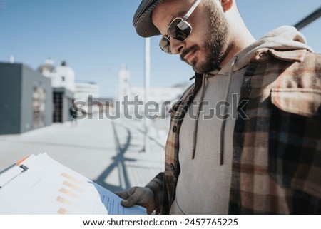 Focused young entrepreneur analyzing business reports, with cityscape in the background, showcasing outdoor corporate lifestyle.