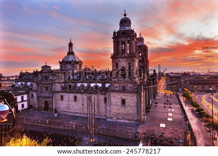 Metropolitan Cathedral and President's Palace in Zocalo, Center of Mexico City Mexico Sunrise Royalty-Free Stock Photo #245778217