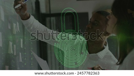 Image of data processing with padlock icon over diverse business people in office. Global business, computing and digital interface concept digitally generated image.