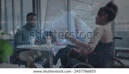 Image of data processing with padlock icon over diverse business people in office. Global business, computing and digital interface concept digitally generated image.