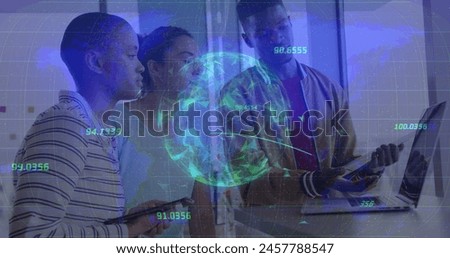 Image of data processing with globe and world map over diverse business people in office. Global business, computing and digital interface concept digitally generated image.