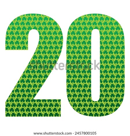 Happy St. Patrick's Day. Number Twenty With Three Leaf Clover Pattern. Green Number 20 Isolated On A White Background
