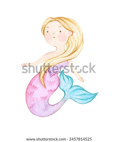 Watercolor illustration of the little mermaid. Cute little mermaid girl isolated on white background. Blonde with a pink and blue fishtail. Cartoon style for design and decoration, children's card.
