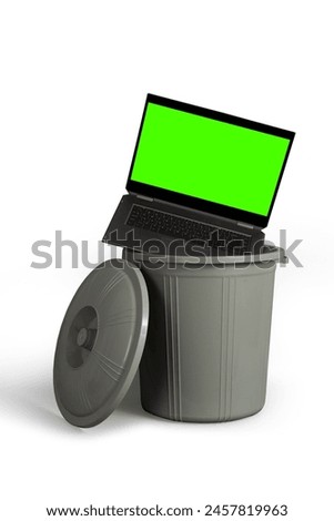 Trashcan with green screen laptop. Failed startup concept with mockup, template, copy space