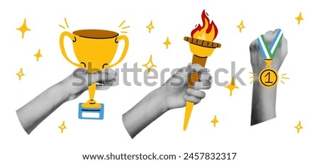 Trendy collage elements set Halftone hands holding trophy cup, torch with burning fire and first place gold medal. Success, victory. Modern retro vector illustration for mixed media design