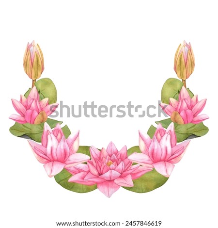 Wreath from Lotus Flowers flowers. Hand drawn watercolor illustration of Tropical Pink waterlily and green leaves on isolated background Template for wedding floral invitation, card, cosmetic package.