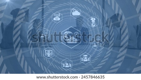 Image of icons and data processing over diverse business people in office. Global finance, business, connections, computing and data processing concept digitally generated image.