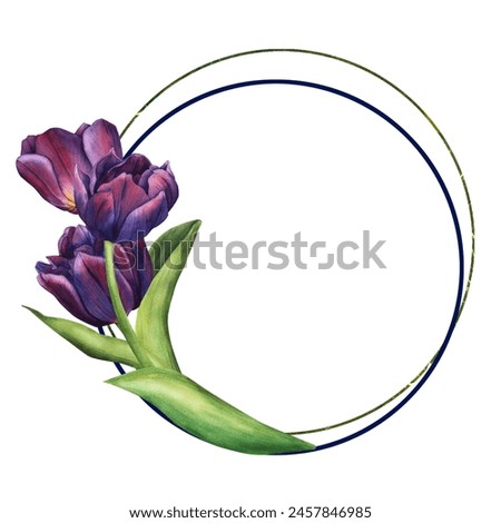 Round frame with violet tulips. Spring bouquet of purple flowers watercolor illustration. Floral clip art for invitation, greeting card and design.