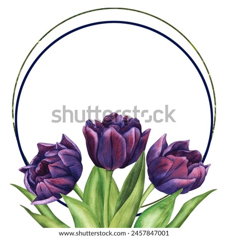 Round frame with violet tulips. Spring bouquet of purple flowers watercolor illustration. Floral clip art for invitation, greeting card and design.